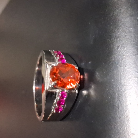 Men's Salmon Quartz & Ruby CZ Stainless Steel Ring - Picture 14 of 14